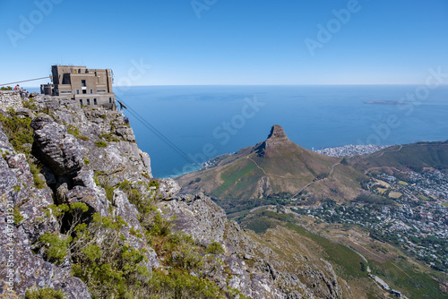 view from the Table Mountain in Cape Town South Africa, view over the ocean, and Lion's Head from Table Mountain Cape Town. 