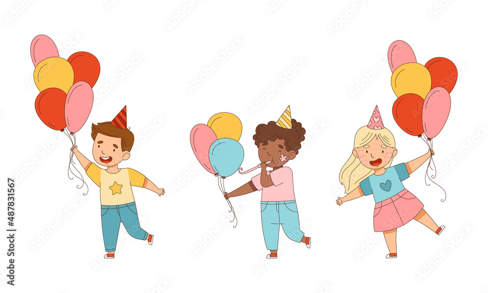Cheerful Boy and Girl in Birthday Hat and with Face Painting Engaged in Festive Celebration Vector Illustration Set Cheerful Boy and Girl in Birthday Hat and with Face Painting Engaged in Festive Celebration Vector Illustration Set