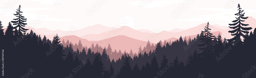 Vector landscape with silhouettes of mountains, trees and sky at sunrise or sunset.