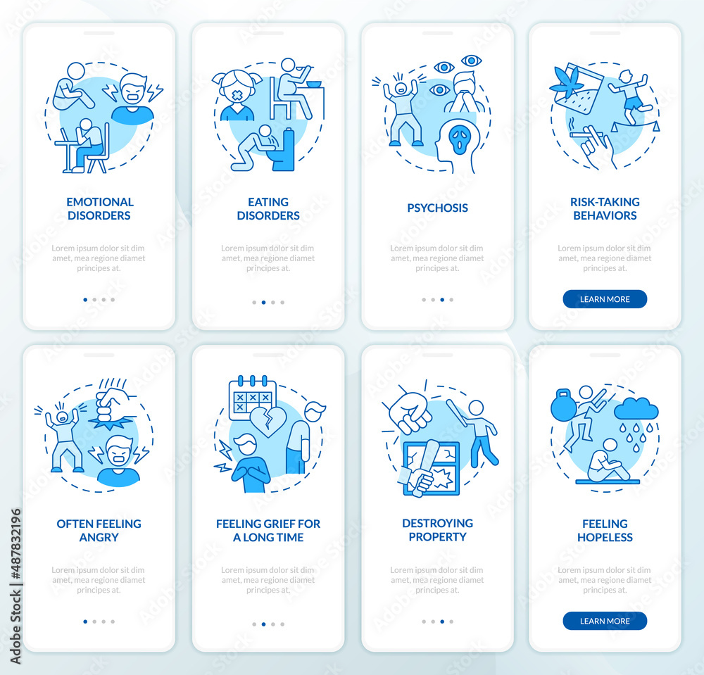 Adolescent behavior problems blue onboarding mobile app screen set. Walkthrough 4 steps graphic instructions pages with linear concepts. UI, UX, GUI template. Myriad Pro-Bold, Regular fonts used