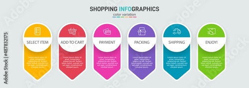 Concept of shopping process with 6 successive steps. Six colorful graphic elements. Timeline design for brochure, presentation, web site. Infographic design layout.