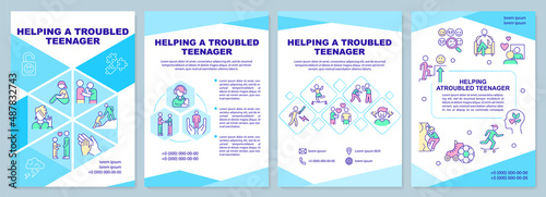 Helping troubled teenager blue brochure template. Warning signs. Leaflet design with linear icons. 4 vector layouts for presentation, annual reports. Arial-Black, Myriad Pro-Regular fonts used