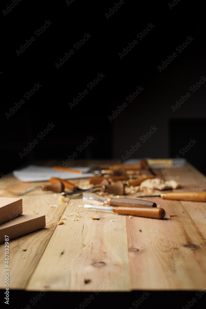 Woodworker's desk concept with free space on top. Focus on an empty space in the foreground. Mockup background for product presentation Woodworker's desk concept with free space on top. Focus on an empty space in the foreground. Mockup background for product presentation