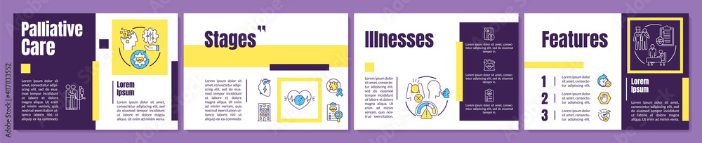 Palliative care for patients purple brochure template. Hospice program. Leaflet design with linear icons. 4 vector layouts for presentation, annual reports. Anton-Regular, Lato-Regular fonts used