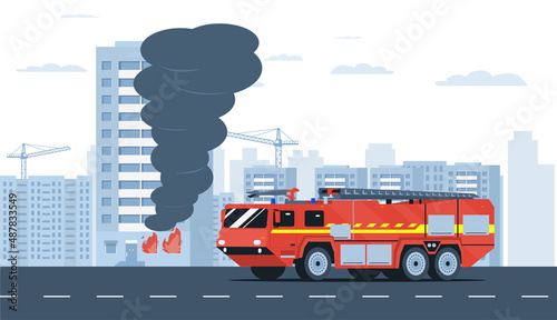 A fire truck drives towards a burning apartment building. Vector illustration.