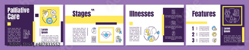 Palliative care for patients purple brochure template. Hospice program. Leaflet design with linear icons. 4 vector layouts for presentation, annual reports. Anton-Regular, Lato-Regular fonts used