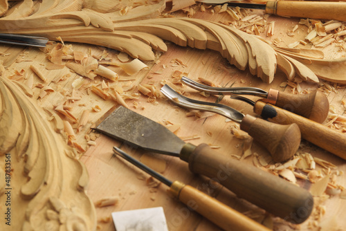 Carpenter wood carving equipment. Woodworking, craftsmanship and handwork concept photo