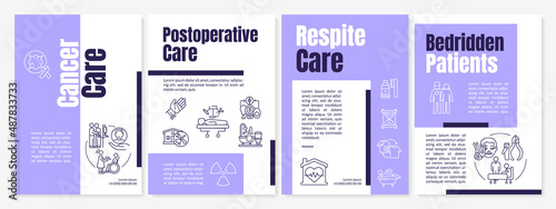 Hospice services purple brochure template. Caregiving for patients. Leaflet design with linear icons. 4 vector layouts for presentation, annual reports. Anton-Regular, Lato-Regular fonts used