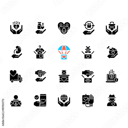 Donation opportunities black glyph icons set on white space. Giving items away for free. Charitable organization. Philanthropy. Silhouette symbols. Solid pictogram pack. Vector isolated illustration