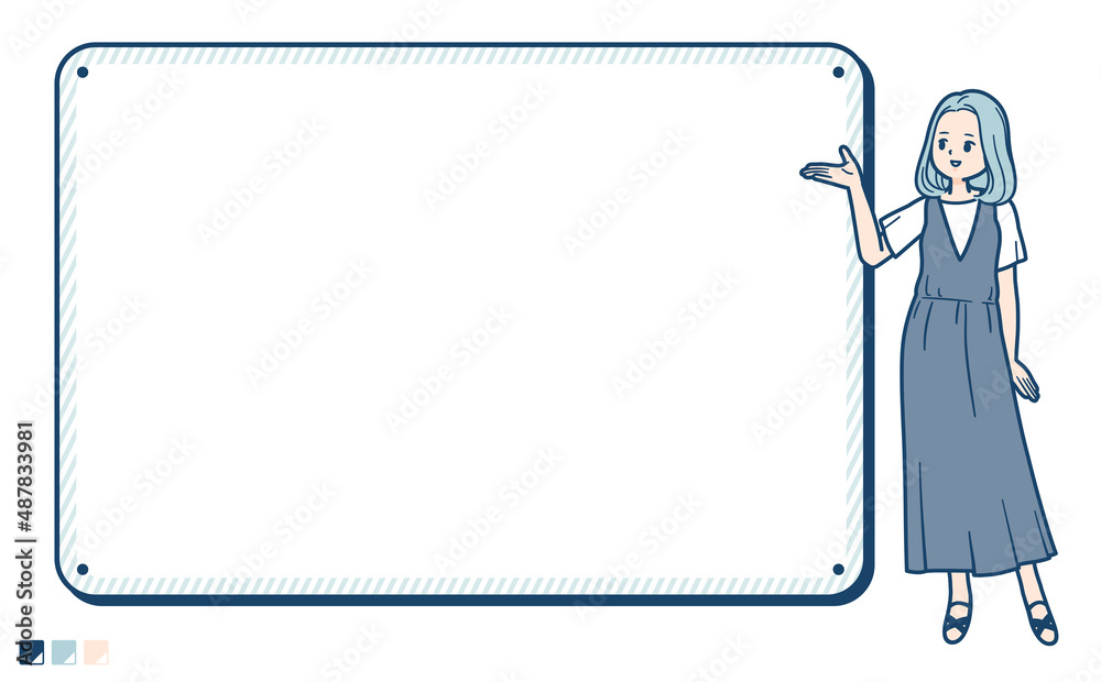 ノースリーブワンピースを着た若い女性がフレームボードの案内しているイラスト