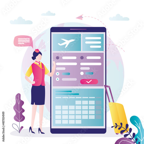 Flight attendant recommends buying plane tickets online. Application for finding electronic airline tickets