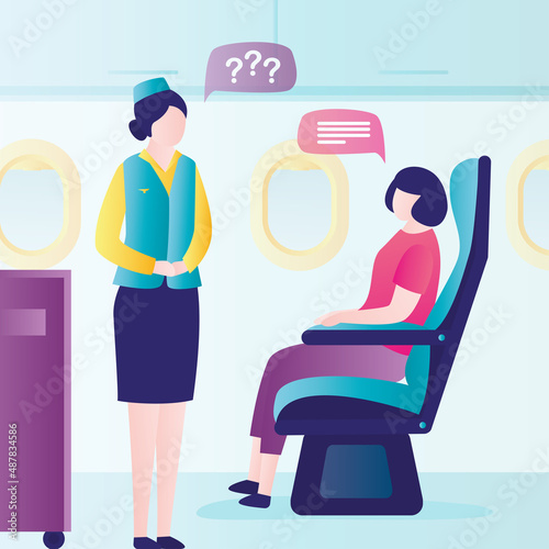 Female character communicates with flight attendant during flight. Stewardess serving girl in economy class