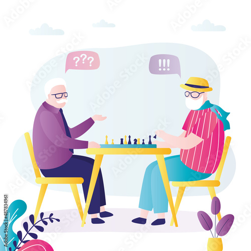Elderly people playing chess. Grandfathers gaming and talking. Pensioners playing and enjoy logic game. Hobby of older people. Grandpa strategizes.