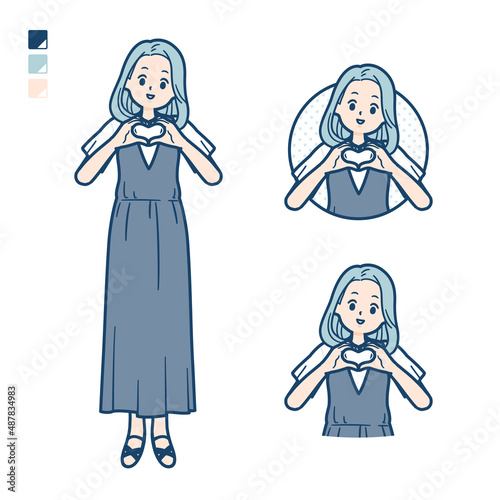 ノースリーブワンピースを着た若い女性が手でハートマークを作っているイラスト