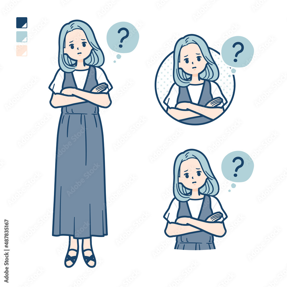 ノースリーブワンピースを着た若い女性が疑問を感じているイラスト ノースリーブワンピースを着た若い女性が疑問を感じているイラスト