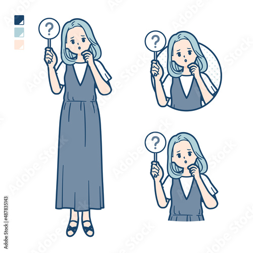 ノースリーブワンピースを着た若い女性がクエスチョン印パネルを出すイラスト