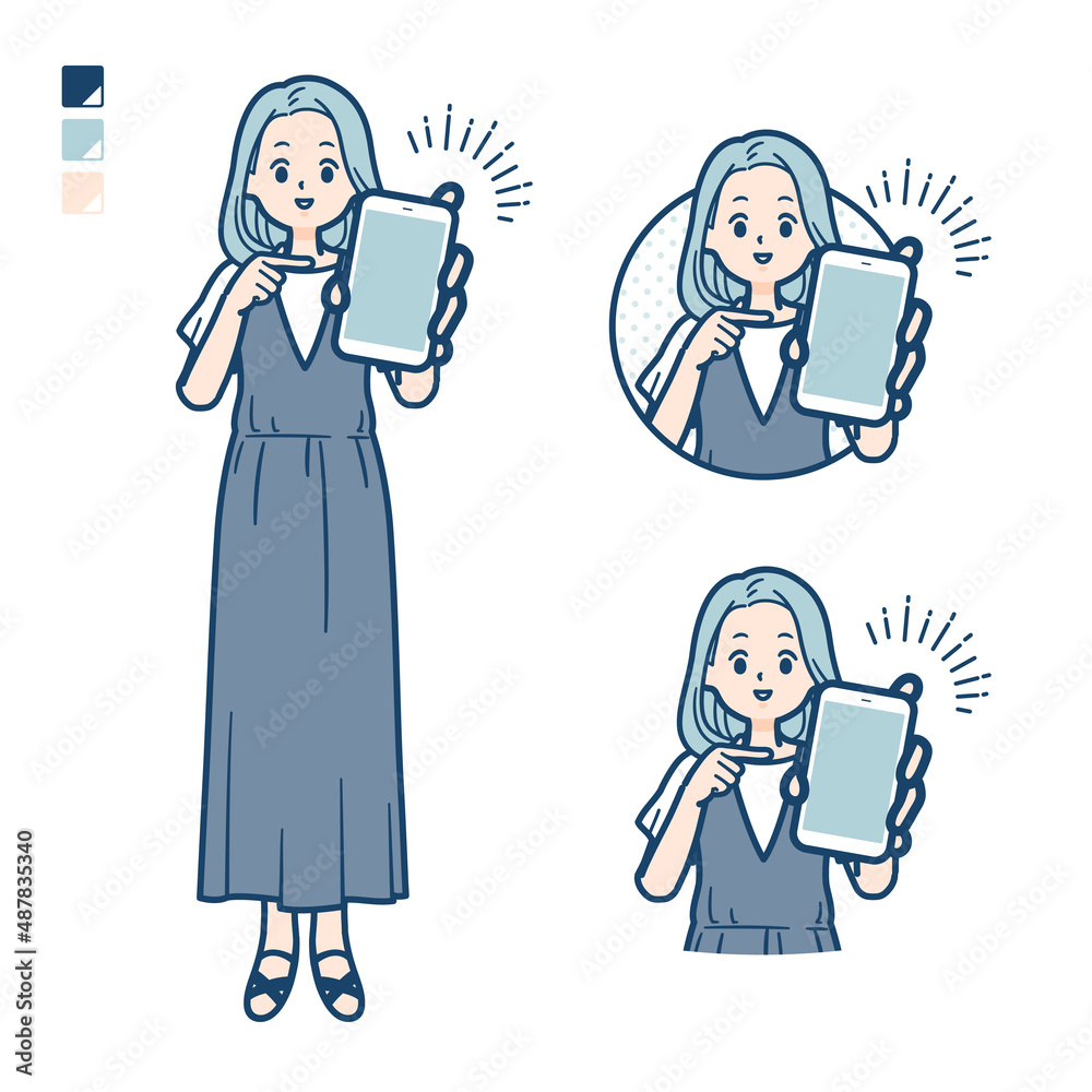 ノースリーブワンピースを着た若い女性がスマートフォンを差し出しているイラスト