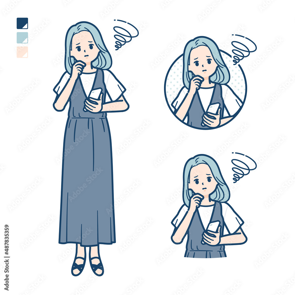 ノースリーブワンピースを着た若い女性がスマートフォンを持ち困っているイラスト ノースリーブワンピースを着た若い女性がスマートフォンを持ち困っているイラスト