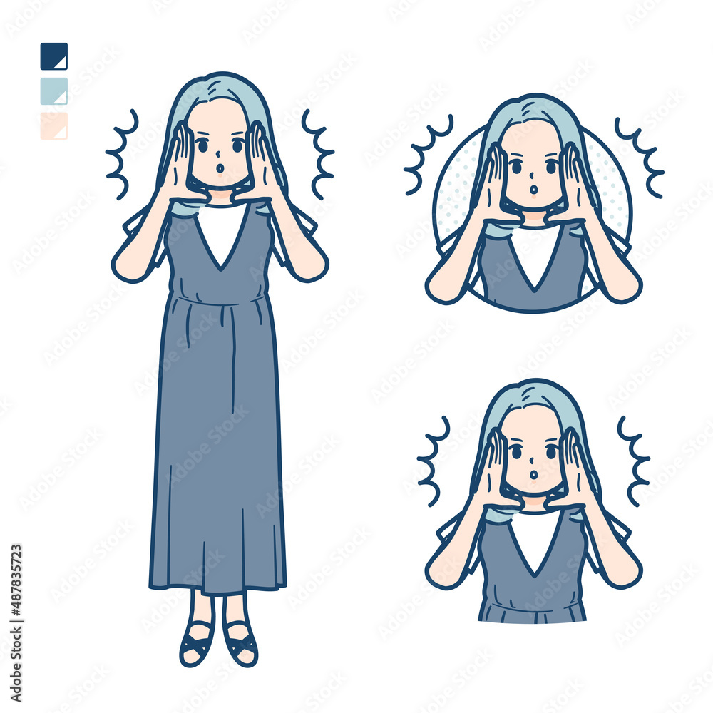 ノースリーブワンピースを着た若い女性が大声で警告しているイラスト