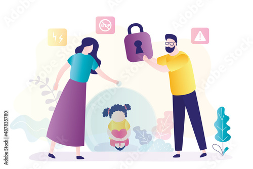 Little girl sitting under glass dome. Parents closed daughter from all dangers. Parental oversight and hypercare. Mother isolated teenager from all troubles. Abuse in family.