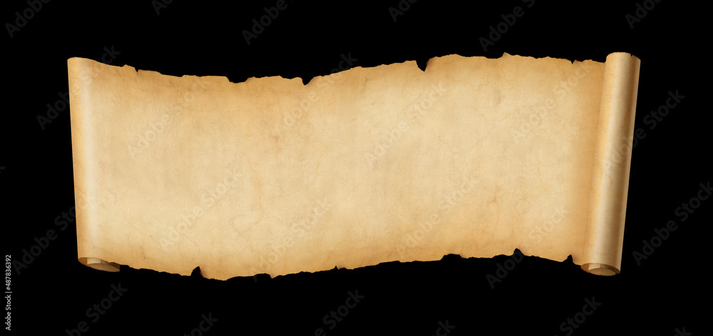 Fototapeta premium Old paper horizontal banner. Parchment scroll isolated on black