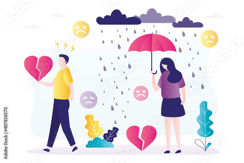 Couple broke up due to conflict. Annoyed man walks away with broken heart. Upset woman stands with umbrella in rain