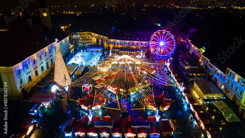 Aerial drone view of The Big Square decorated for Christmas in Sibiu, Romania
