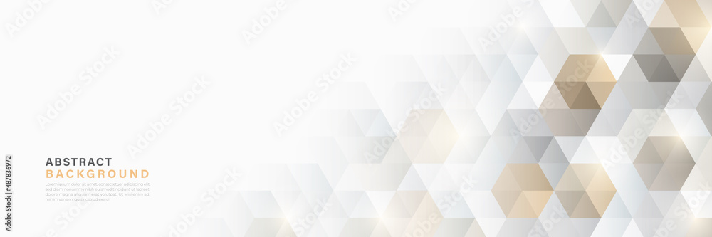 Abstract modern white background with luxury gold hexagon pattern. Overlapping geometry shape design. Trendy simple style hexagon graphic pattern concept. Vector illustration
