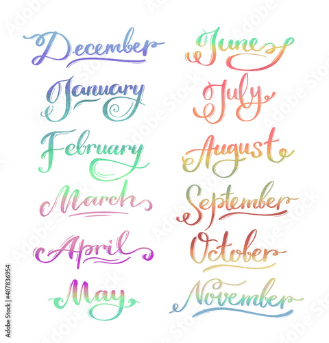 calendar lettering months hand draw january february march colorful