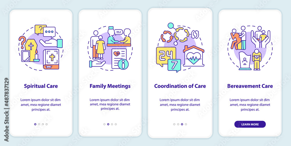 Hospice care onboarding mobile app screen. Medical service walkthrough 4 steps graphic instructions pages with linear concepts. UI, UX, GUI template. Myriad Pro-Bold, Regular fonts used