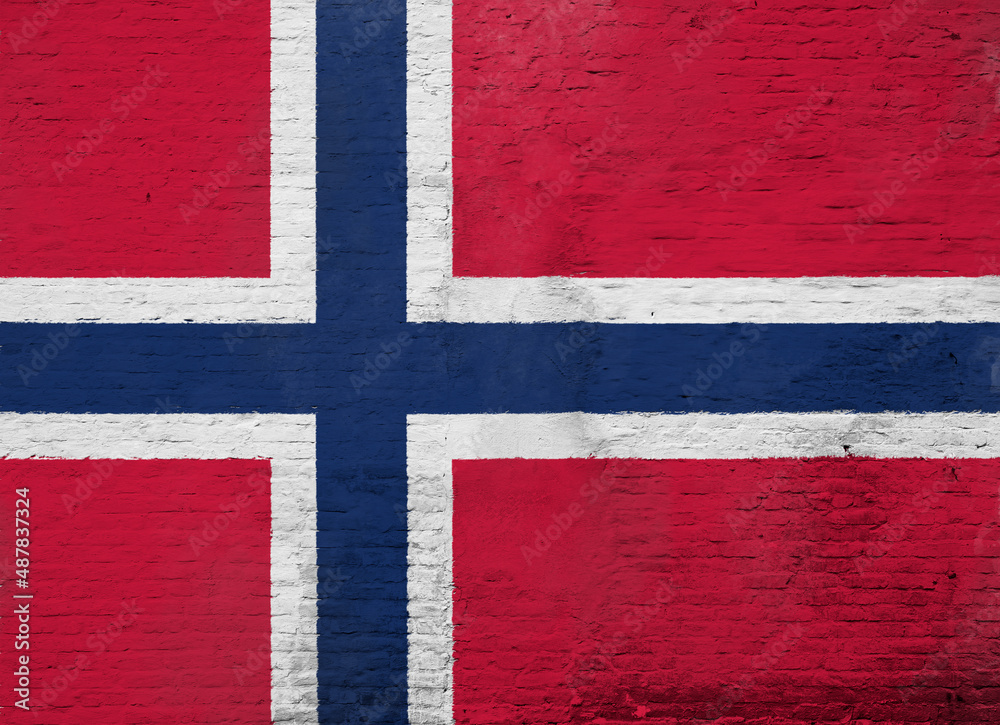Full frame photo of a weathered flag of Norway painted on a plastered brick wall. Full frame photo of a weathered flag of Norway painted on a plastered brick wall.