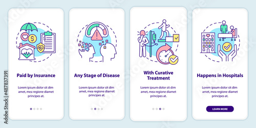 Palliative care characteristics onboarding mobile app screen. Hospice walkthrough 4 steps graphic instructions pages with linear concepts. UI, UX, GUI template. Myriad Pro-Bold, Regular fonts used © bsd studio