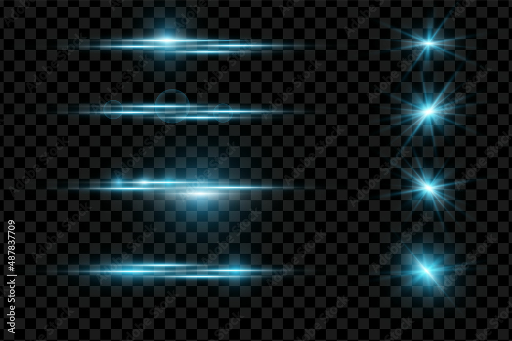 Glow effect. Blue glowing particles, stars, lasers. Vector illustration.