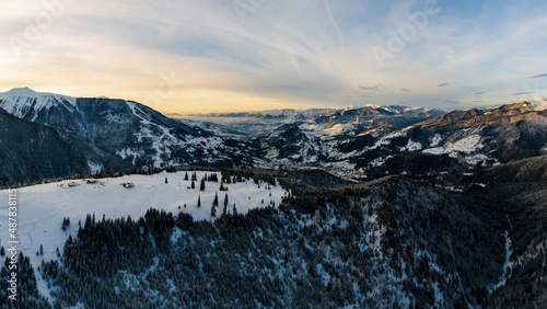 Aerial drone panoramic view of the Carpathians in winter  Romania