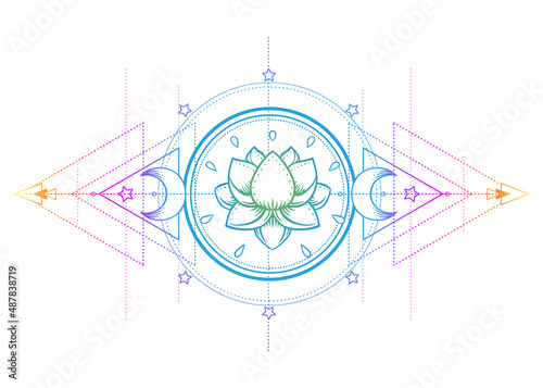 Lotus and Sacred Geometry. Ayurveda symbol of harmony and balance, and universe. Tattoo flesh design, yoga logo. Boho print, poster, t-shirt textile. Anti stress book. Isolated vector illustration.