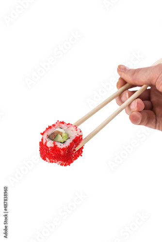 male caucasian hand holding chop sticks with one california roll sushi isolated on white background
