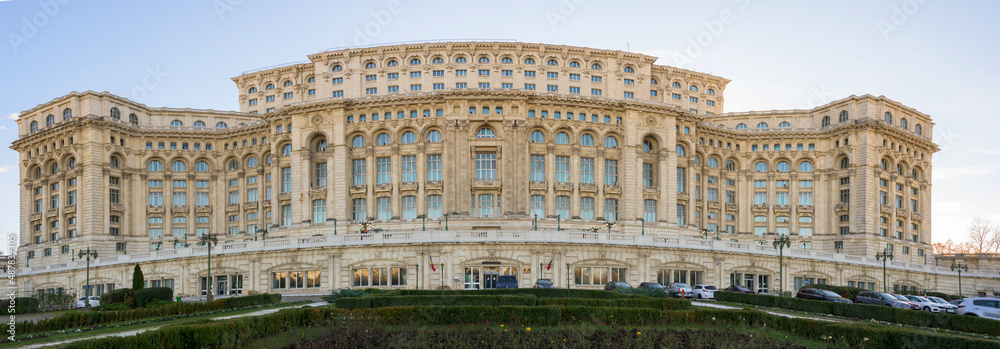 Wide view of the Palace of the Parliament in Bucharest, Romania