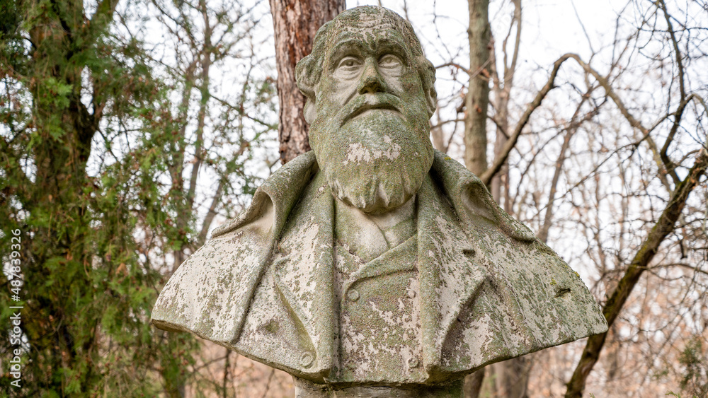 Charles Darwin bust in a park in Bucharest, Romania