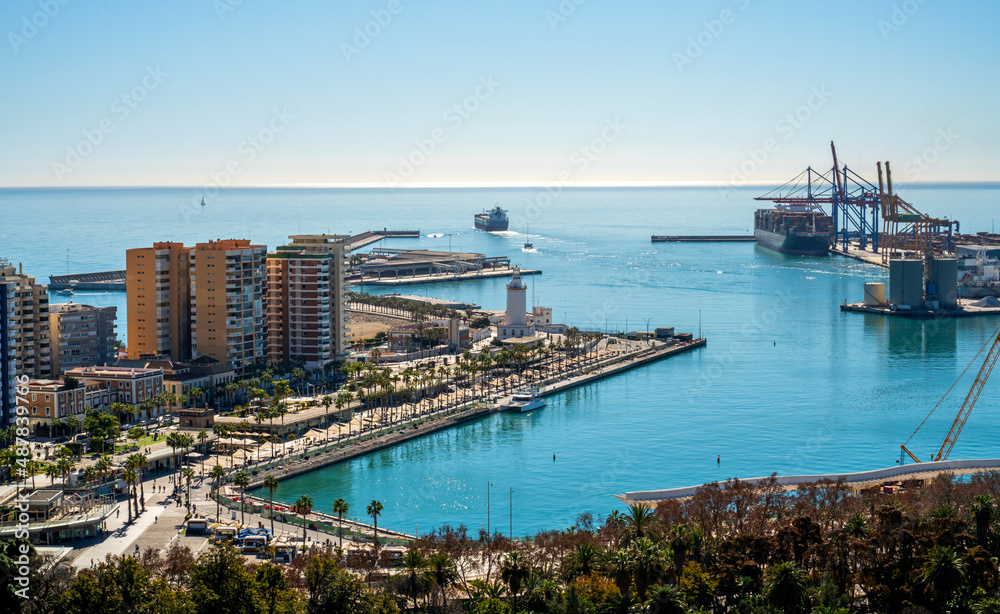 Panoramic view over the harbor of Malaga, Spain
