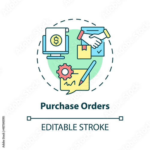 Purchase orders concept icon. Request, approval. Examples of automation in business abstract idea thin line illustration. Isolated outline drawing. Editable stroke. Arial, Myriad Pro-Bold fonts used