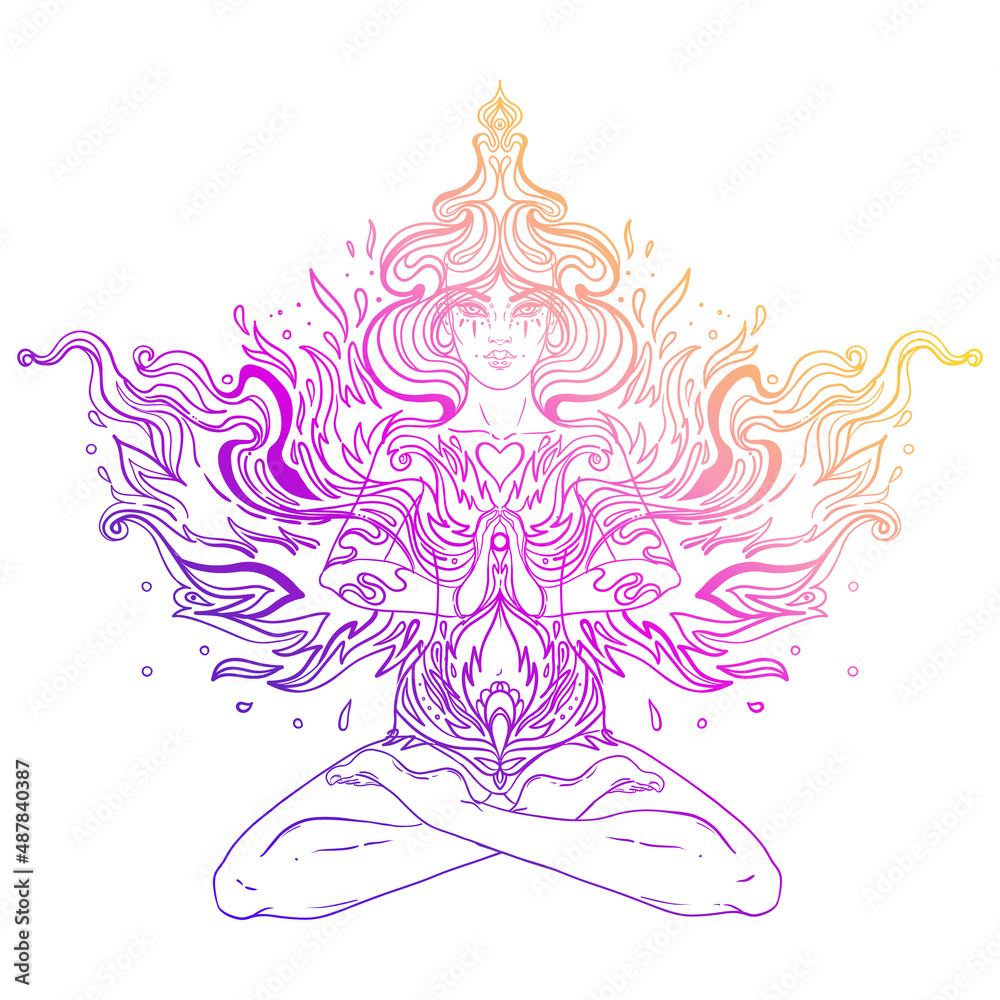 Asian magic woman with sacred geometry and fire. Vector Illustration ...