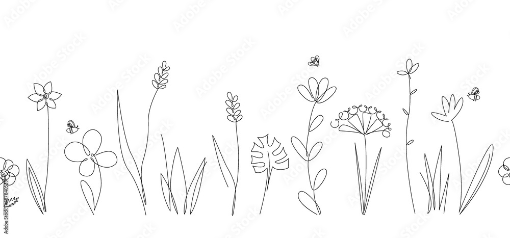 Vector nature seamless border with wild herbs and flowers on white. Continuous line drawing background. Doodle hand drawn style floral illustration