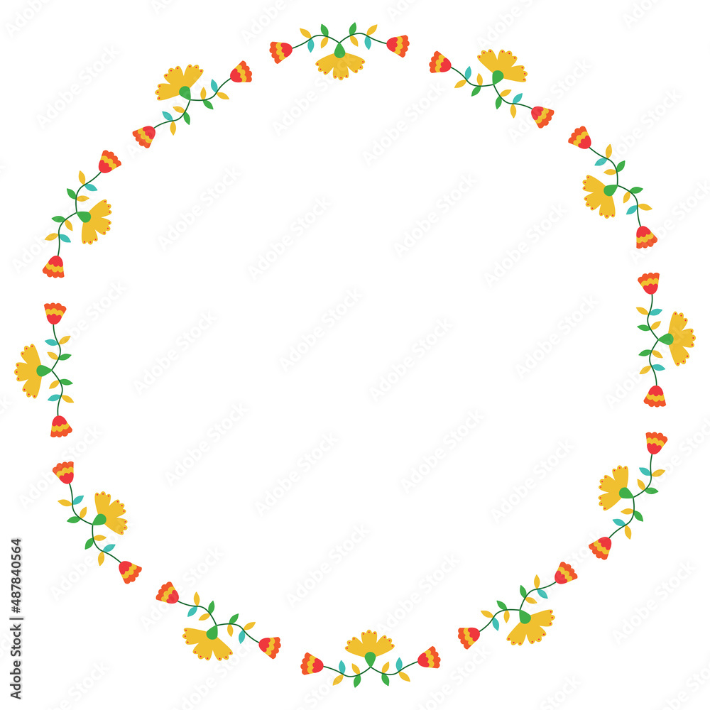 Round floral border. Mexican embroidery style Otomi.