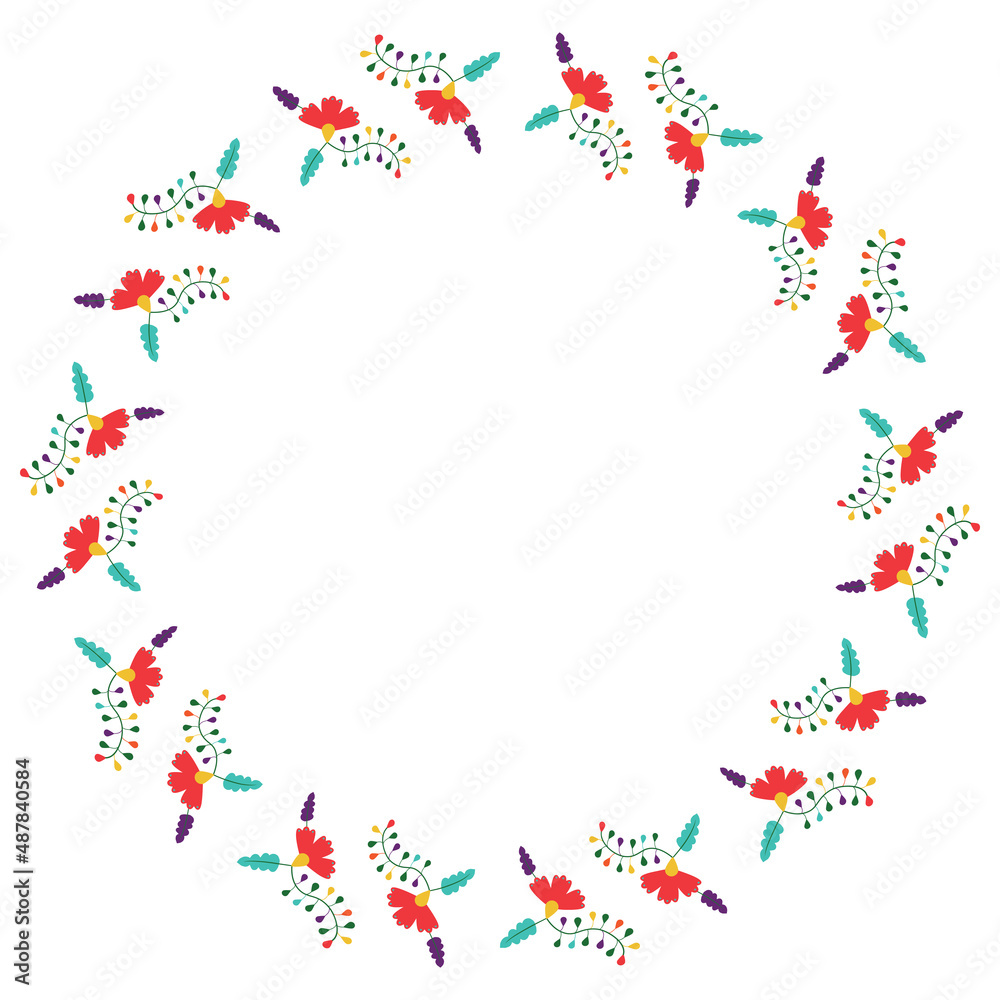 Floral round frame. Style of traditional Mexican embroidery Otomi. Floral round frame. Style of traditional Mexican embroidery Otomi.