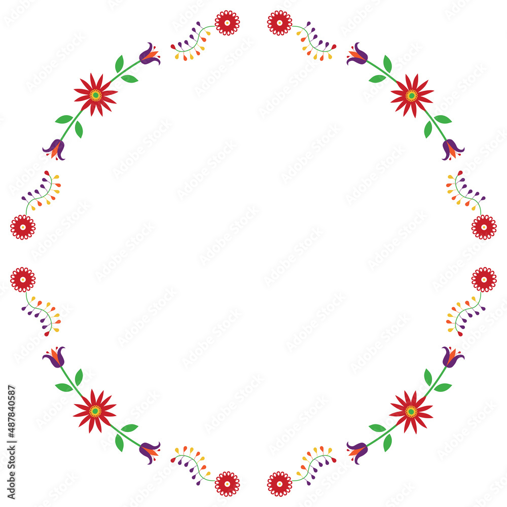 Floral round frame. Style of Mexican embroidery Otomi. Floral round frame. Style of Mexican embroidery Otomi.