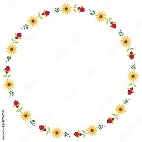 Round frame with flower design. Mexican embroidery style Otomi.