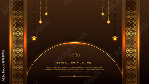 Dark and Golden Luxury Islamic Ornamental Background Islamic Border and Decorative Hanging Stars Ornament with Arabic Pattern and Decorative Ornament Cricle Arch Frame