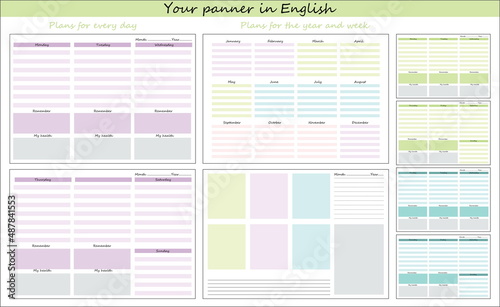 Color daily planner in English for the whole year. Wall calendar