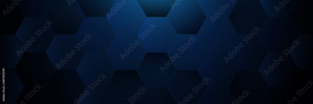 Abstract dark blue hexagon geometric pattern background. Modern simple hexagonal shape elements. Medical and science technology design concept. Suit for presentation, poster, flyer, cover, banner