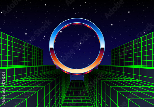 Synthwave frame with chrome circle and 80s styled synthwave arcade game landscape.
